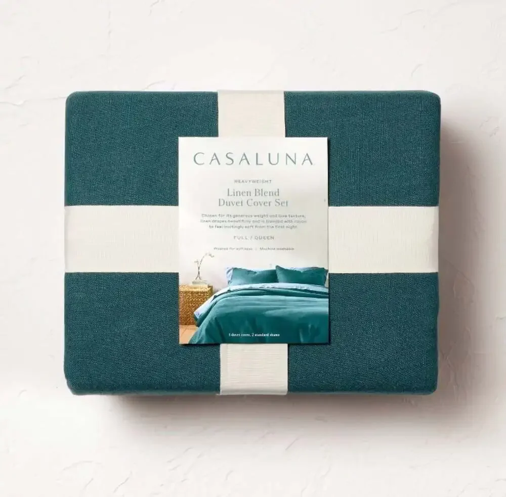 Full/Queen Heavyweight Linen Blend Duvet Cover Sham Set Dark Teal Blue-Casaluna